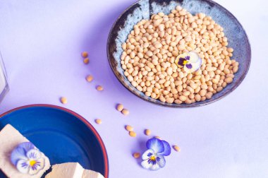 Soya fasulyesi ve soya sütü yerine vejetaryen vejetaryen minimalist fotokopi alanı negatif uzay pastel mor arka plan besin tarzı ilham kaynağı.