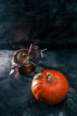 Bir balkabağı kabağı ve bakır veya mum ve palo santo incence ile pirinç cadı tenceresi koyu mavi desenli kopya alanı arkaplan Cadılar Bayramı Cadılar Bayramı kavramı cadı sihirli karanlık karamsar çekim