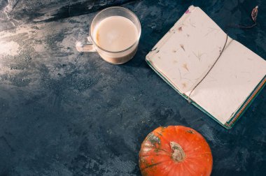 Bir balkabağı kabağı ve bitki bazlı yulaf ezmesi ya da boş not defterli badem sütü ile yapılmış latte kahve. Masada koyu mavi desenli fotokopi alanı çalışma konsepti üzerine.