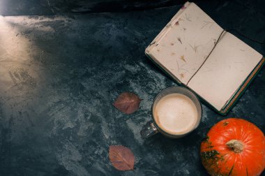 Bir balkabağı kabağı ve bitki bazlı yulaf ezmesi ya da boş not defterli badem sütü ile yapılmış latte kahve. Masada koyu mavi desenli fotokopi alanı çalışma konsepti üzerine.