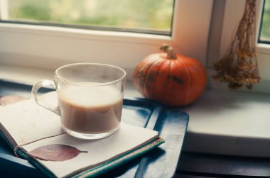 Bir balkabağı kabağı ve bitki bazlı yulaf ezmesi ya da boş not defterli badem sütü ile yapılmış latte kahve. Masada koyu mavi desenli fotokopi alanı çalışma konsepti üzerine.