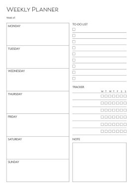 Haftalık planlar için kırtasiye düzenleyici, Not ve Yapılacaklar Listesi ile haftalık planlayıcı şablonu.