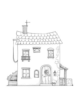 Döşeme çatılı, ahşap kapılı ve balkonlu büyüleyici bir kır evi. Kırsal bir alanda siyah-beyaz çizgili sanat tasviri, boyama kitapları veya mimari kavramlar için mükemmel.