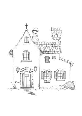 Döşeme çatılı, ahşap kapılı ve balkonlu büyüleyici bir kır evi. Kırsal bir alanda siyah-beyaz çizgili sanat tasviri, boyama kitapları veya mimari kavramlar için mükemmel.