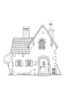 Döşeme çatılı, ahşap kapılı ve balkonlu büyüleyici bir kır evi. Kırsal bir alanda siyah-beyaz çizgili sanat tasviri, boyama kitapları veya mimari kavramlar için mükemmel.