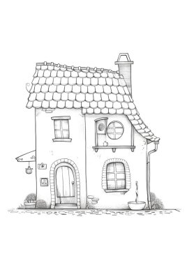 Döşeme çatılı, ahşap kapılı ve balkonlu büyüleyici bir kır evi. Kırsal bir alanda siyah-beyaz çizgili sanat tasviri, boyama kitapları veya mimari kavramlar için mükemmel.