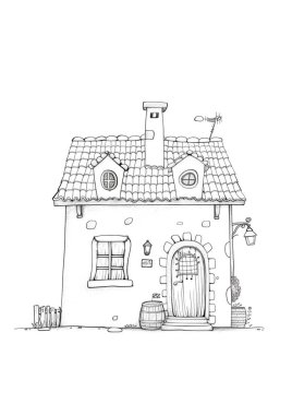 Döşeme çatılı, ahşap kapılı ve balkonlu büyüleyici bir kır evi. Kırsal bir alanda siyah-beyaz çizgili sanat tasviri, boyama kitapları veya mimari kavramlar için mükemmel.