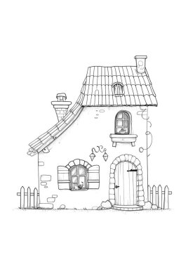 Döşeme çatılı, ahşap kapılı ve balkonlu büyüleyici bir kır evi. Kırsal bir alanda siyah-beyaz çizgili sanat tasviri, boyama kitapları veya mimari kavramlar için mükemmel.