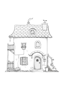 Döşeme çatılı, ahşap kapılı ve balkonlu büyüleyici bir kır evi. Kırsal bir alanda siyah-beyaz çizgili sanat tasviri, boyama kitapları veya mimari kavramlar için mükemmel.