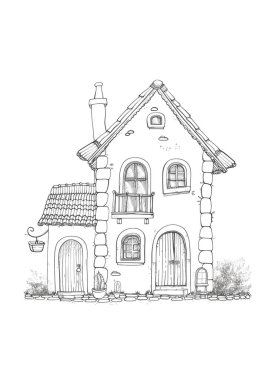 Döşeme çatılı, ahşap kapılı ve balkonlu büyüleyici bir kır evi. Kırsal bir alanda siyah-beyaz çizgili sanat tasviri, boyama kitapları veya mimari kavramlar için mükemmel.