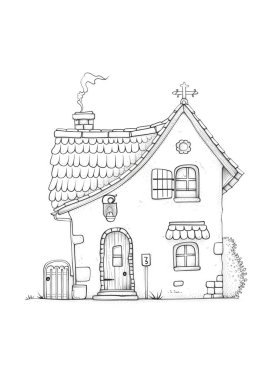 Döşeme çatılı, ahşap kapılı ve balkonlu büyüleyici bir kır evi. Kırsal bir alanda siyah-beyaz çizgili sanat tasviri, boyama kitapları veya mimari kavramlar için mükemmel.