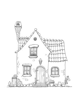 Döşeme çatılı, ahşap kapılı ve balkonlu büyüleyici bir kır evi. Kırsal bir alanda siyah-beyaz çizgili sanat tasviri, boyama kitapları veya mimari kavramlar için mükemmel.