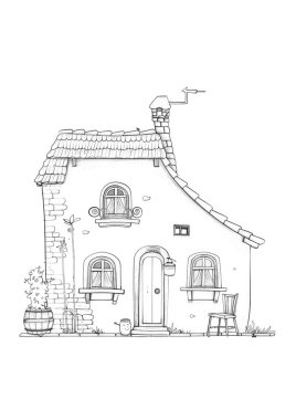 Döşeme çatılı, ahşap kapılı ve balkonlu büyüleyici bir kır evi. Kırsal bir alanda siyah-beyaz çizgili sanat tasviri, boyama kitapları veya mimari kavramlar için mükemmel.
