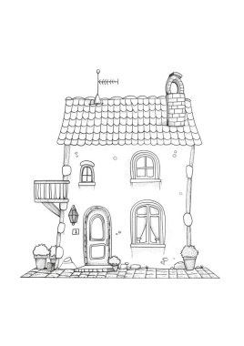 Döşeme çatılı, ahşap kapılı ve balkonlu büyüleyici bir kır evi. Kırsal bir alanda siyah-beyaz çizgili sanat tasviri, boyama kitapları veya mimari kavramlar için mükemmel.