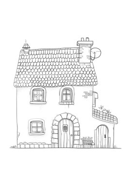 Döşeme çatılı, ahşap kapılı ve balkonlu büyüleyici bir kır evi. Kırsal bir alanda siyah-beyaz çizgili sanat tasviri, boyama kitapları veya mimari kavramlar için mükemmel.