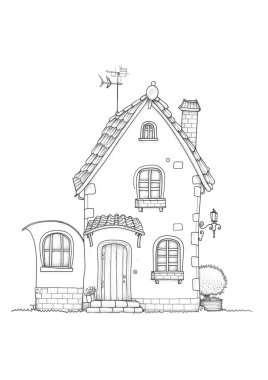 Döşeme çatılı, ahşap kapılı ve balkonlu büyüleyici bir kır evi. Kırsal bir alanda siyah-beyaz çizgili sanat tasviri, boyama kitapları veya mimari kavramlar için mükemmel.