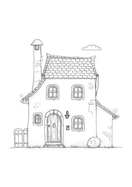 Döşeme çatılı, ahşap kapılı ve balkonlu büyüleyici bir kır evi. Kırsal bir alanda siyah-beyaz çizgili sanat tasviri, boyama kitapları veya mimari kavramlar için mükemmel.