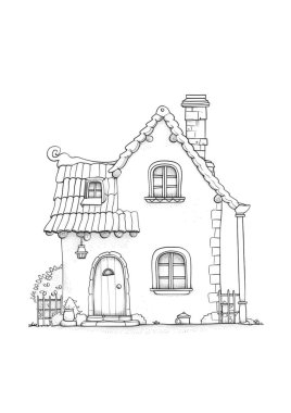 Döşeme çatılı, ahşap kapılı ve balkonlu büyüleyici bir kır evi. Kırsal bir alanda siyah-beyaz çizgili sanat tasviri, boyama kitapları veya mimari kavramlar için mükemmel.