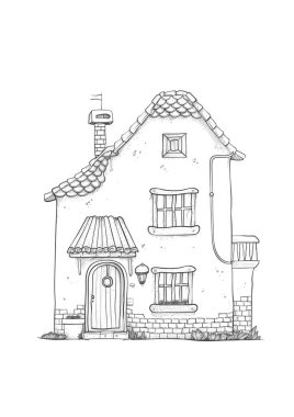 Döşeme çatılı, ahşap kapılı ve balkonlu büyüleyici bir kır evi. Kırsal bir alanda siyah-beyaz çizgili sanat tasviri, boyama kitapları veya mimari kavramlar için mükemmel.