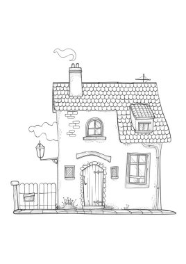 Döşeme çatılı, ahşap kapılı ve balkonlu büyüleyici bir kır evi. Kırsal bir alanda siyah-beyaz çizgili sanat tasviri, boyama kitapları veya mimari kavramlar için mükemmel.