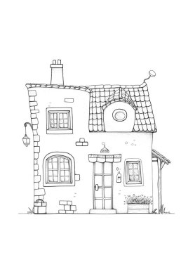 Döşeme çatılı, ahşap kapılı ve balkonlu büyüleyici bir kır evi. Kırsal bir alanda siyah-beyaz çizgili sanat tasviri, boyama kitapları veya mimari kavramlar için mükemmel.