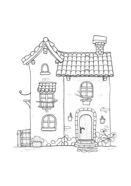 Döşeme çatılı, ahşap kapılı ve balkonlu büyüleyici bir kır evi. Kırsal bir alanda siyah-beyaz çizgili sanat tasviri, boyama kitapları veya mimari kavramlar için mükemmel.