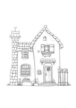 Döşeme çatılı, ahşap kapılı ve balkonlu büyüleyici bir kır evi. Kırsal bir alanda siyah-beyaz çizgili sanat tasviri, boyama kitapları veya mimari kavramlar için mükemmel.