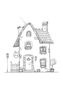 Döşeme çatılı, ahşap kapılı ve balkonlu büyüleyici bir kır evi. Kırsal bir alanda siyah-beyaz çizgili sanat tasviri, boyama kitapları veya mimari kavramlar için mükemmel.