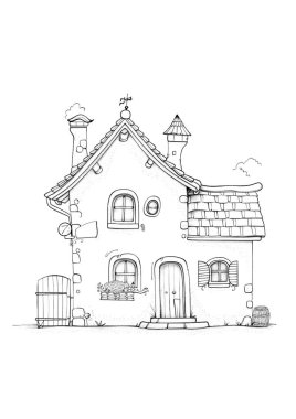 Döşeme çatılı, ahşap kapılı ve balkonlu büyüleyici bir kır evi. Kırsal bir alanda siyah-beyaz çizgili sanat tasviri, boyama kitapları veya mimari kavramlar için mükemmel.