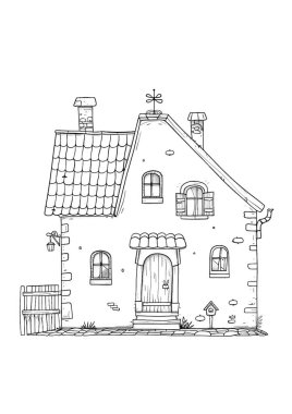 Döşeme çatılı, ahşap kapılı ve balkonlu büyüleyici bir kır evi. Kırsal bir alanda siyah-beyaz çizgili sanat tasviri, boyama kitapları veya mimari kavramlar için mükemmel.