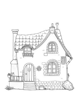 Döşeme çatılı, ahşap kapılı ve balkonlu büyüleyici bir kır evi. Kırsal bir alanda siyah-beyaz çizgili sanat tasviri, boyama kitapları veya mimari kavramlar için mükemmel.