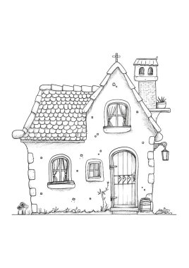 Döşeme çatılı, ahşap kapılı ve balkonlu büyüleyici bir kır evi. Kırsal bir alanda siyah-beyaz çizgili sanat tasviri, boyama kitapları veya mimari kavramlar için mükemmel.