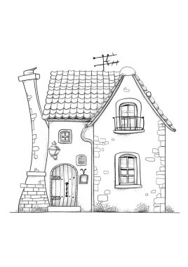 Döşeme çatılı, ahşap kapılı ve balkonlu büyüleyici bir kır evi. Kırsal bir alanda siyah-beyaz çizgili sanat tasviri, boyama kitapları veya mimari kavramlar için mükemmel.