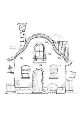 Döşeme çatılı, ahşap kapılı ve balkonlu büyüleyici bir kır evi. Kırsal bir alanda siyah-beyaz çizgili sanat tasviri, boyama kitapları veya mimari kavramlar için mükemmel.