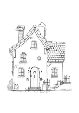 Döşeme çatılı, ahşap kapılı ve balkonlu büyüleyici bir kır evi. Kırsal bir alanda siyah-beyaz çizgili sanat tasviri, boyama kitapları veya mimari kavramlar için mükemmel.