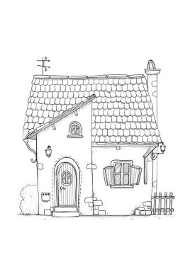 Döşeme çatılı, ahşap kapılı ve balkonlu büyüleyici bir kır evi. Kırsal bir alanda siyah-beyaz çizgili sanat tasviri, boyama kitapları veya mimari kavramlar için mükemmel.