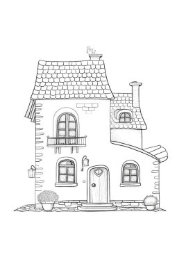 Döşeme çatılı, ahşap kapılı ve balkonlu büyüleyici bir kır evi. Kırsal bir alanda siyah-beyaz çizgili sanat tasviri, boyama kitapları veya mimari kavramlar için mükemmel.