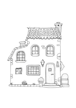 Döşeme çatılı, ahşap kapılı ve balkonlu büyüleyici bir kır evi. Kırsal bir alanda siyah-beyaz çizgili sanat tasviri, boyama kitapları veya mimari kavramlar için mükemmel.