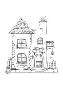 Döşeme çatılı, ahşap kapılı ve balkonlu büyüleyici bir kır evi. Kırsal bir alanda siyah-beyaz çizgili sanat tasviri, boyama kitapları veya mimari kavramlar için mükemmel.