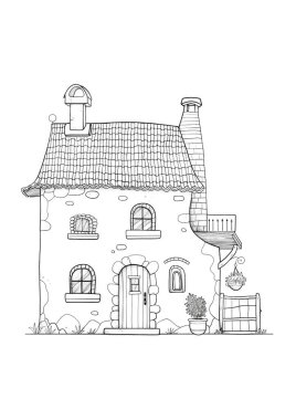 Döşeme çatılı, ahşap kapılı ve balkonlu büyüleyici bir kır evi. Kırsal bir alanda siyah-beyaz çizgili sanat tasviri, boyama kitapları veya mimari kavramlar için mükemmel.