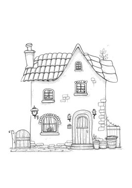 Döşeme çatılı, ahşap kapılı ve balkonlu büyüleyici bir kır evi. Kırsal bir alanda siyah-beyaz çizgili sanat tasviri, boyama kitapları veya mimari kavramlar için mükemmel.