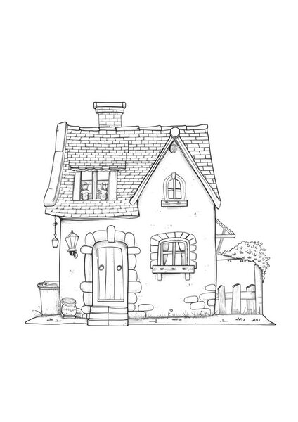 A charming whimsical cottage with a tiled roof, wooden door, and balcony. Black and white line art illustration in a rustic,  perfect for coloring books or architectural concepts.
