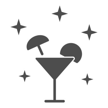 Kokteyl katı ikonu, deniz gezisi konsepti, beyaz arka planda tropikal alkol içeceği tabelası, limon dilimli kokteyl ve mobil ve web için glifli şemsiye ikonu. Vektör grafikleri.
