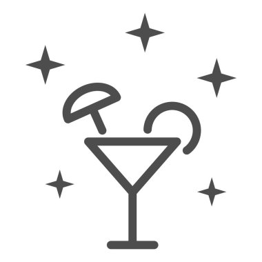 Kokteyl çizgisi ikonu, deniz gezisi konsepti, beyaz arka planda tropikal alkol içeceği tabelası, limon dilimli kokteyl ve mobil ve web için ana hatlı şemsiye ikonu. Vektör grafikleri.