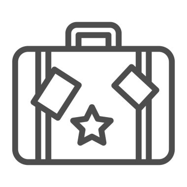 Seyahat çantası ikonu, Sea Cruise konsepti, beyaz arka planda etiketleri olan klasik bavul, mobil konsept ve web tasarımı için ana hatlı bagaj ikonu. Vektör grafikleri.