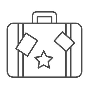 Seyahat çantası, ince çizgi ikonu, Sea Cruise konsepti, beyaz arka planda etiketleri olan klasik bavul, mobil konsept ve web tasarımı için ana hatlı bagaj ikonu. Vektör grafikleri.