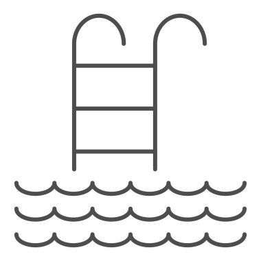 Açık deniz çizgisi ikonu, deniz gezisi konsepti, beyaz arka planda yüzme havuzu tabelası, mobil konsept ve web tasarımı için ana hatlı merdiven ve dalga ikonu. Vektör grafikleri.