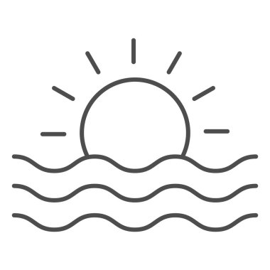 Güneş ve deniz dalgaları ince çizgi ikonu, Deniz seyahati konsepti, beyaz arka planda günbatımı işareti, mobil konsept ve web tasarımı için ana hatlar şeklinde güneş ve dalga ikonu. Vektör grafikleri.