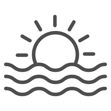 Güneş ve deniz dalgaları çizgisi ikonu, Deniz seyahati konsepti, beyaz arka planda günbatımı tabelası, mobil konsept ve web tasarımı için ana hatlı dalga ikonu. Vektör grafikleri.