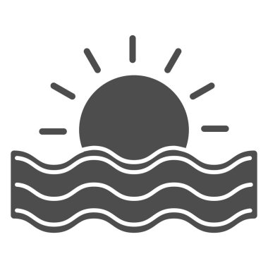Güneş ve deniz dalgaları katı ikon, Deniz seyahati konsepti, beyaz arka planda günbatımı işareti, mobil konsept ve web tasarımı için glyph tarzı dalga ikonu. Vektör grafikleri.